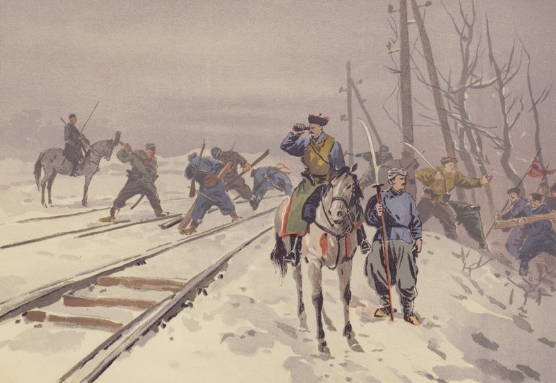 Ødelæggelse af Manchurian Railroad af et band af Hunhutse-røvere (chromolitho) af Japanese School