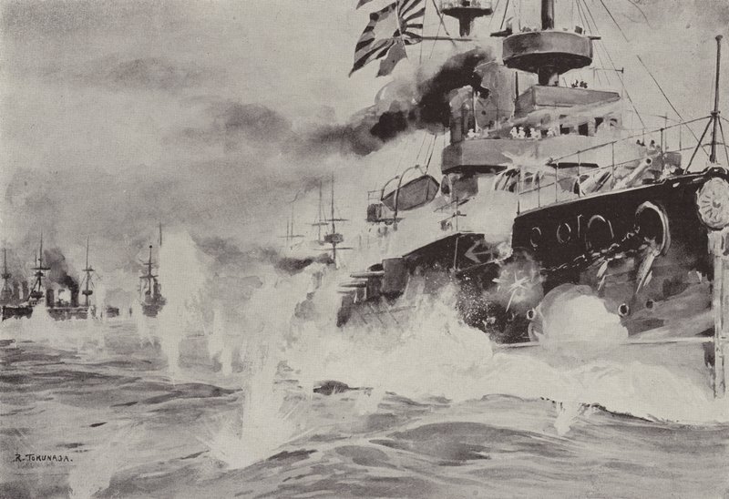 Mikasa kæmper modigt mod den russiske eskadron ud for Port Arthur den 10. august (litho) af Japanese School