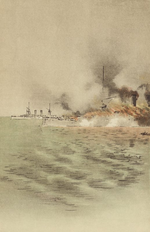 Varyag sat i brand af hendes eget mandskab for at forhindre fangst ved Chemulpo (chromolitho) af Japanese School
