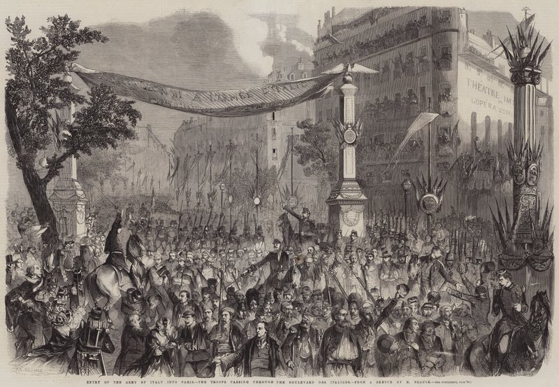 Den italienske hærs indtog i Paris, hvor tropperne passerer gennem Boulevard des Italiens af Jean Adolphe Beauce