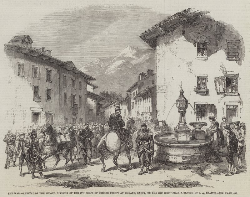 Krigen, ankomsten af anden division af 4. korps af franske tropper i Modane, Savoy, på 3. inst. af Jean Adolphe Beauce