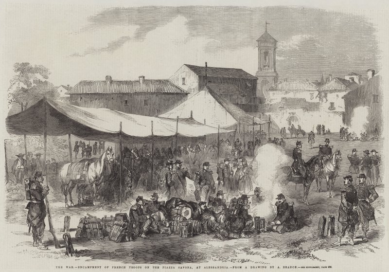 Krigen, lejring af franske tropper på Piazza Savona ved Alessandria af Jean Adolphe Beauce
