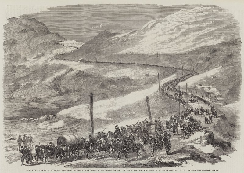 Krigen, general Vinoys division passerer Mont Cenis-defilen den 5. maj af Jean Adolphe Beauce