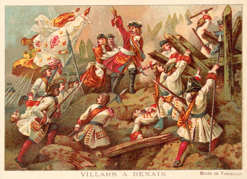 Marshal Villars i slaget ved Denain, Frankrig, 1712 (chromolitho) af Jean Alaux