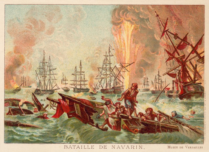 Slaget ved Navarino, 1827 (chromolitho) af Jean Charles Langlois