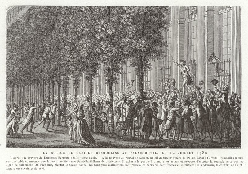 Camille Desmoulins kalder til våben uden for Palais Royal, Paris, den franske revolution, 12. juli 1789 af Jean Duplessis Bertaux