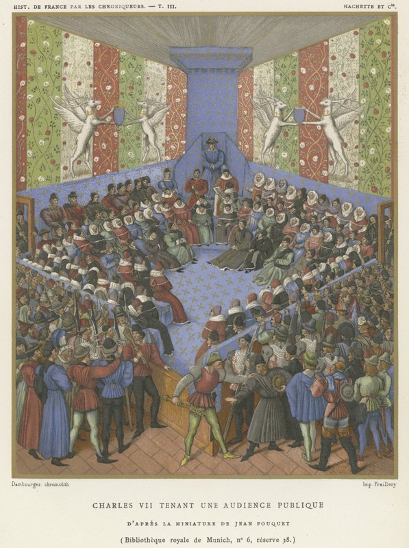 Charles VII holder en offentlig audiens (chromolitho) af Jean Fouquet