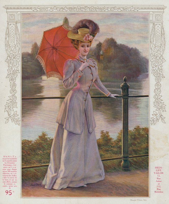 Kvinder i lang lilla kjole, holder parasol af Jean Sala