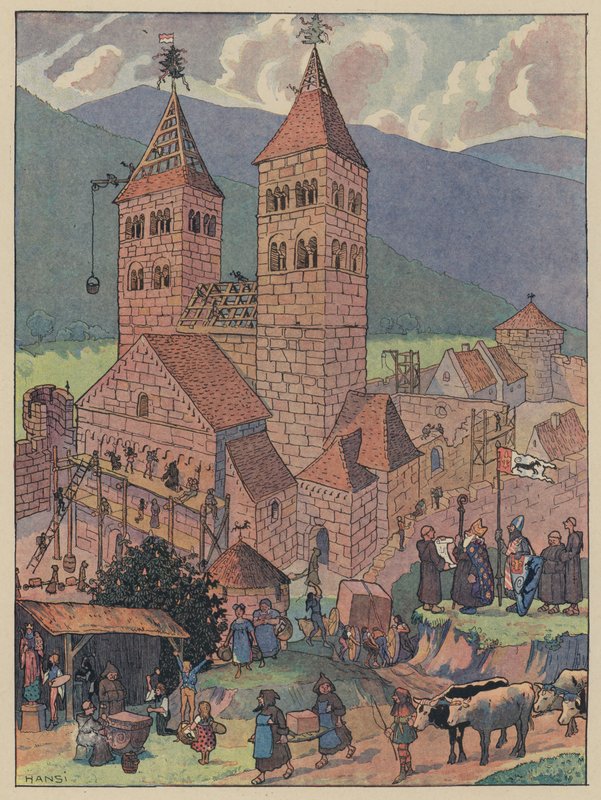 Opførelse af Murbach Abbey, nær Guebwiller, Alsace (farve litho) af Jean Jacques Waltz
