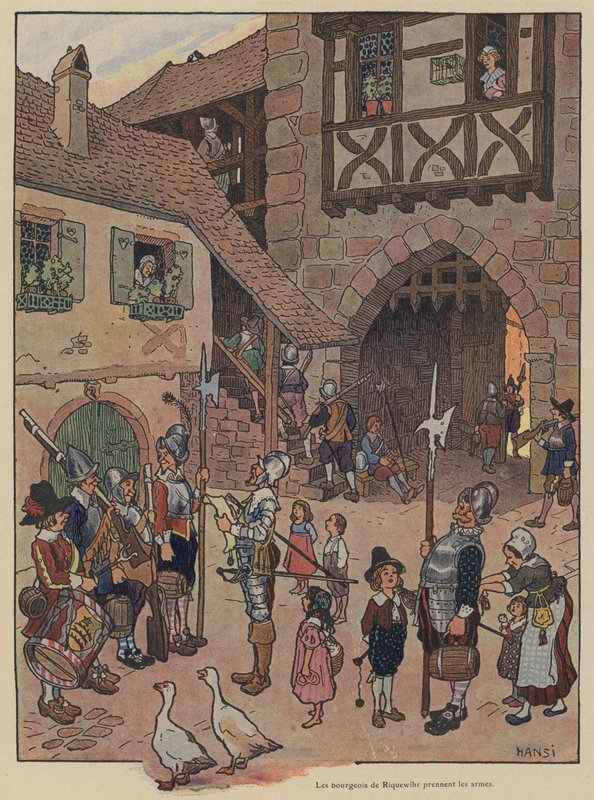 Borgerne i Riquewihr kaldte til våben (farve litho) af Jean Jacques Waltz