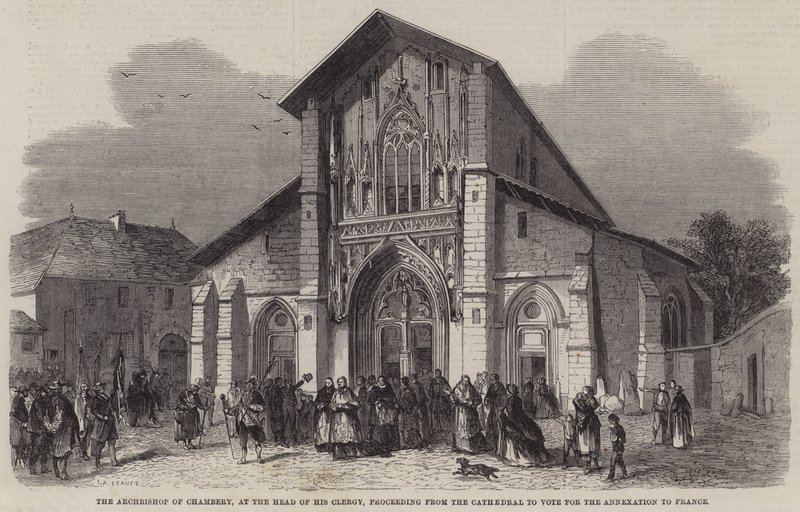 Ærkebiskoppen af Chambery, i spidsen for sit præsteskab, går fra katedralen for at stemme for annekteringen til Frankrig af Jean Adolphe Beauce