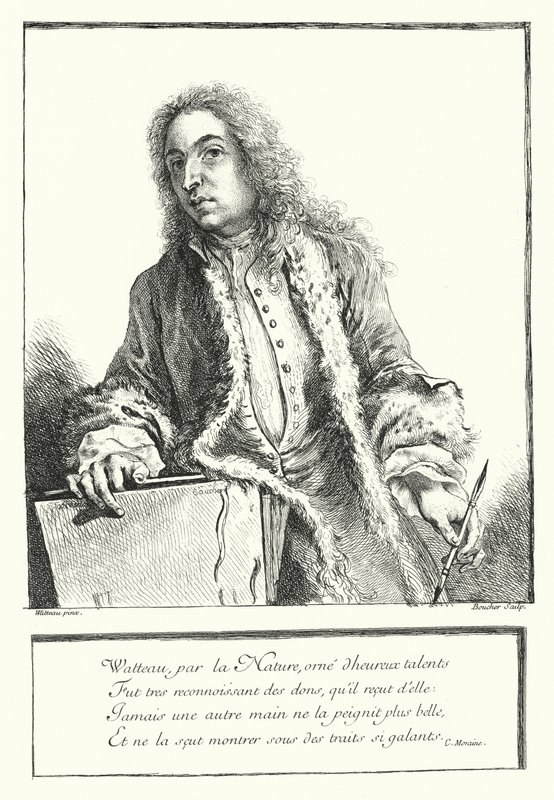 Selvportræt af den franske kunstner Antoine Watteau (gravering) af Jean Antoine (after) Watteau