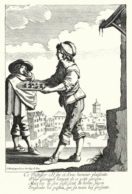Tærte-sælgeren (gravering) af Jean Baptiste Alexandre (after) Le Blond