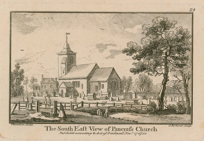 Den sydøstlige udsigt over St Pancras Church, London af Jean Baptiste Claude Chatelain