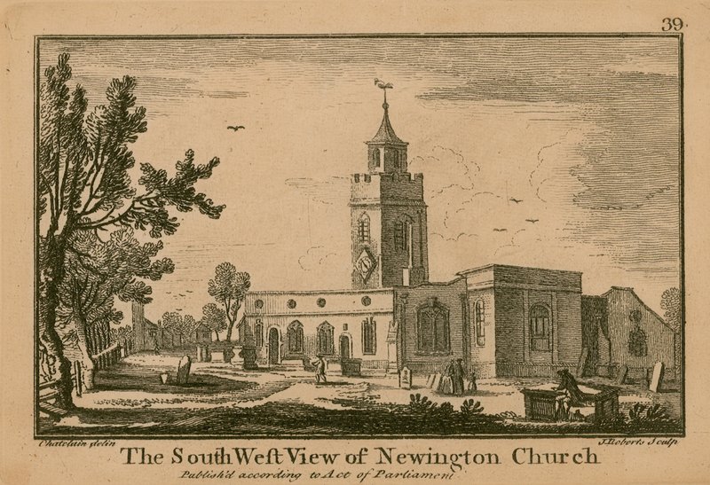 Den sydvestlige udsigt over Newington Church af Jean Baptiste Claude Chatelain