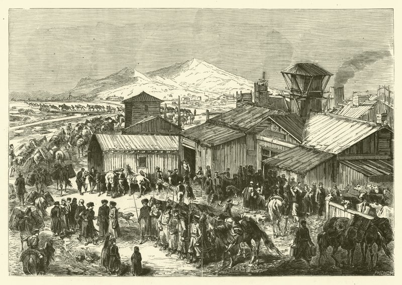 Russisk handelsstation i Kashgar (gravering) af Jean Baptiste Henri Durand Brager