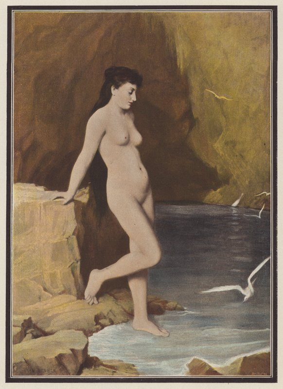 Nymfe i en grotte (farve litho) af Jean Benner