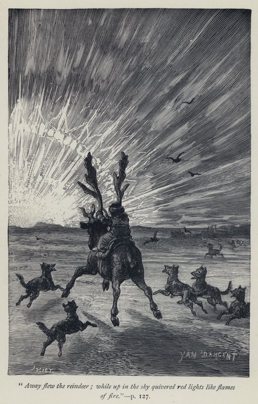 "Renerne fløj af sted, mens røde lys som ildflammer bølgede op i himlen" (gravering) af Jean Edouard Dargent