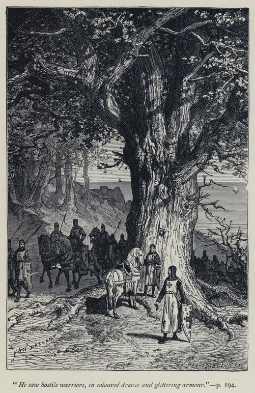 "Han så fjendtlige krigere, i farvede kjoler og glitrende rustninger" (gravering) af Jean Edouard Dargent