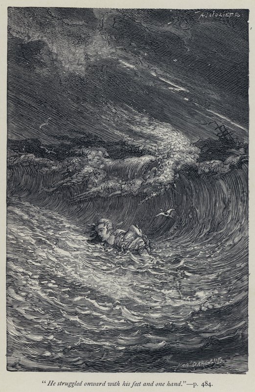 "Han kæmpede sig fremad med sine fødder og en hånd" (gravering) af Jean Edouard Dargent