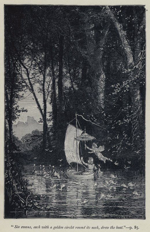 "Seks svaner, hver med en guldring om halsen, trak båden" (gravering) af Jean Edouard Dargent