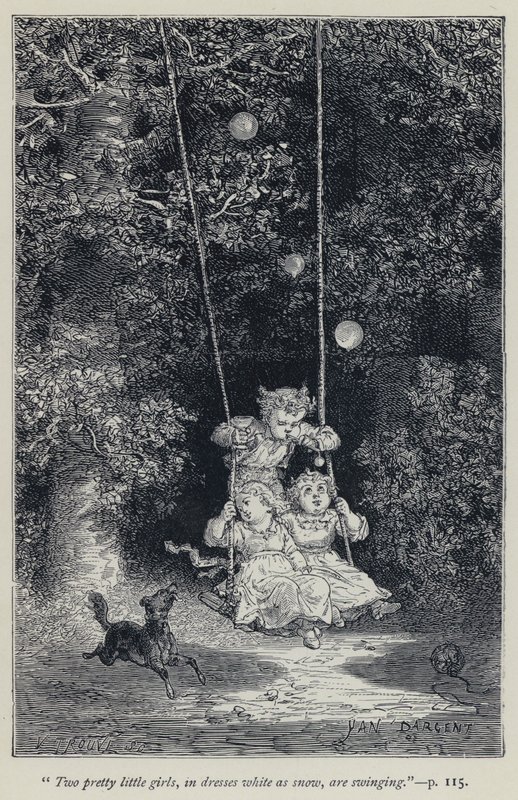 "To smukke små piger, i hvide kjoler som sne, svinger sig" (gravering) af Jean Edouard Dargent