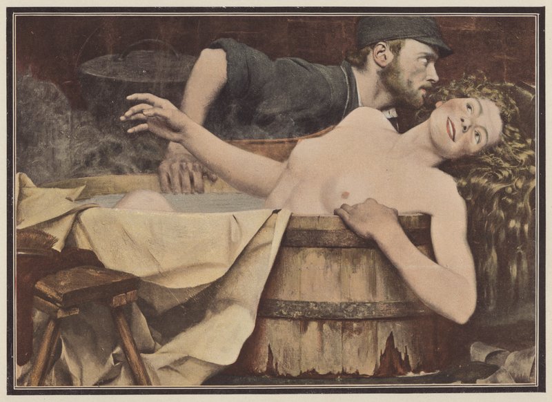 Efter vask, kvinde i et badekar (farve litho) af Jean Eugene Buland