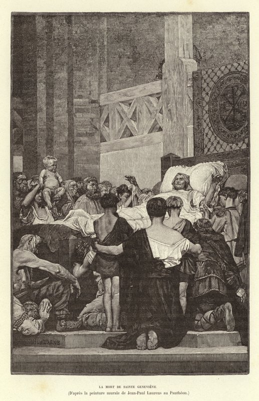La Mort de Sainte Genevieve. St Genevieves død, c512 (gravering) af Jean Louis Hamon