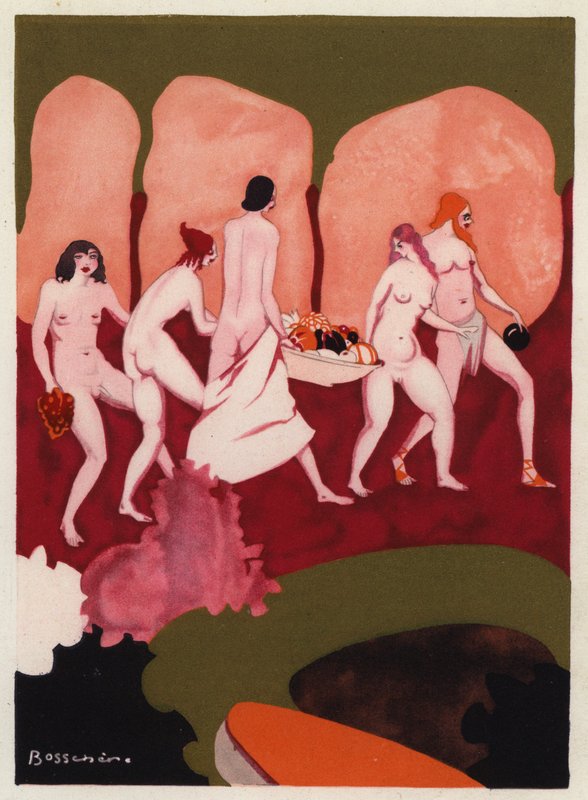 The Love Books of Ovid: Fanger i dit tog, unge og jomfruer skal følge (farvelitografi) af Jean de Bosschere