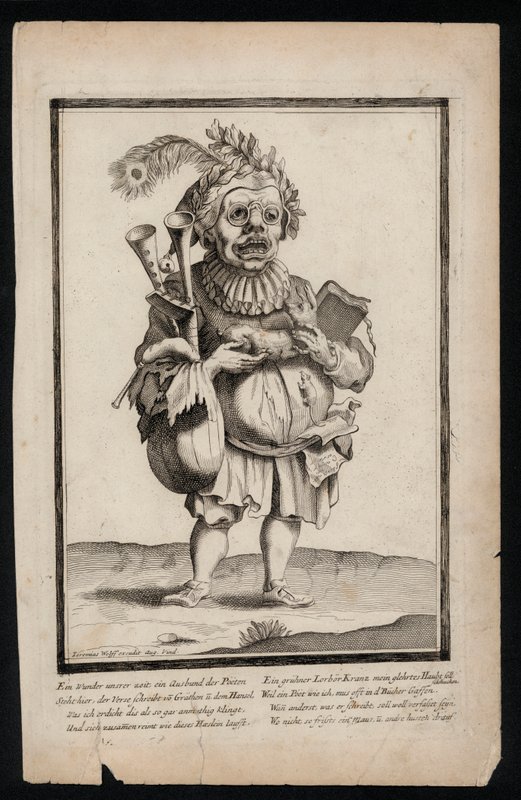 Mand med et sæt sækkepiber og iført en påfuglefjer hovedbeklædning, surrealistisk kostumetryk, c1700 (gravering) af Jeremias Wolff
