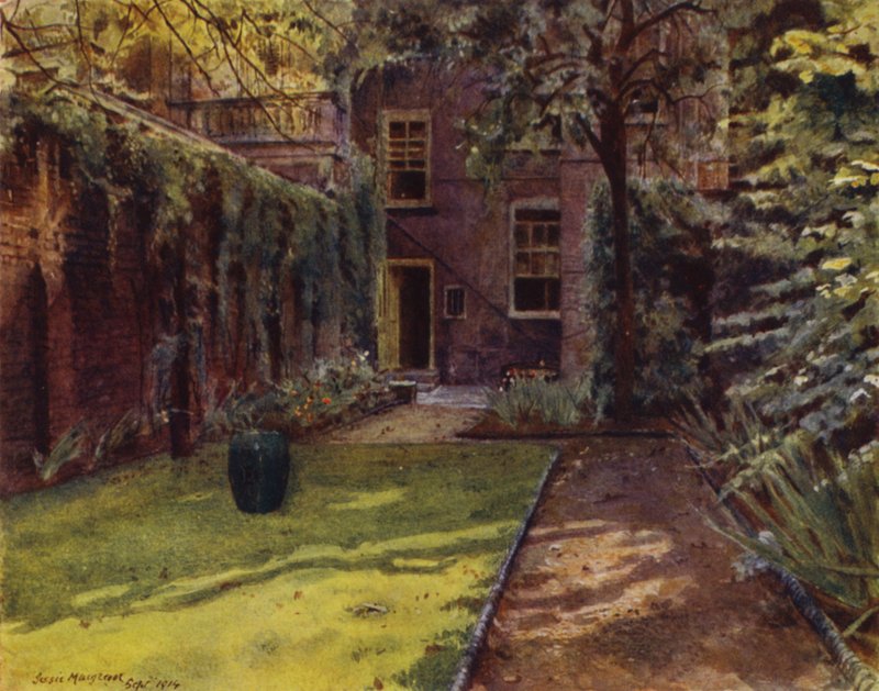 Carlyle House, udsigt over haven og huset (farve litho) af Jessie MacGregor