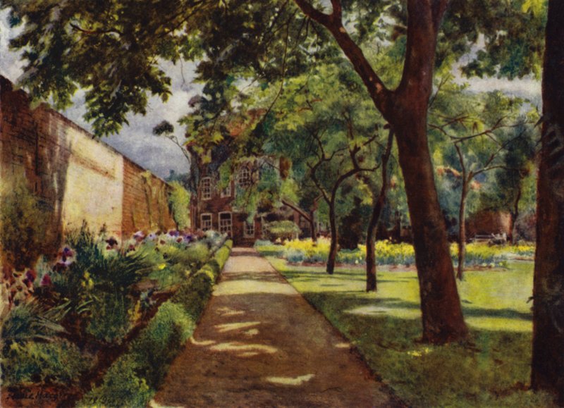 Hogarth House, udsigt over hus og have (farve litho) af Jessie MacGregor