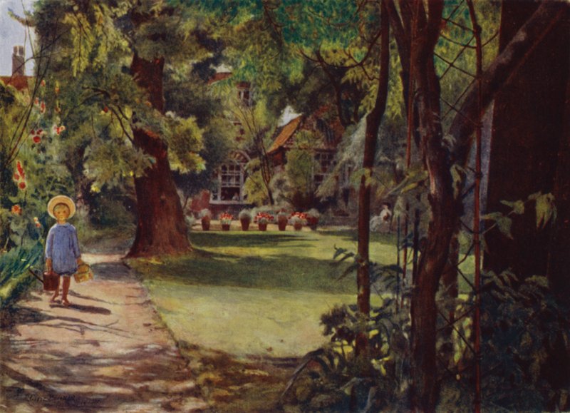 Kelmscott House, The Garden, ser fra floden (farve litho) af Jessie MacGregor