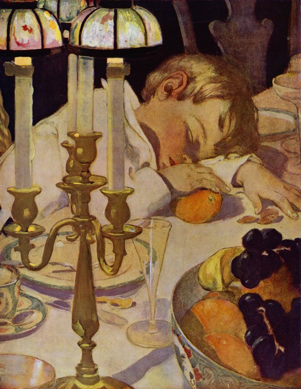 Robin lagde hovedet ned på armen og lukkede øjnene (farve litho) af Jessie Willcox Smith