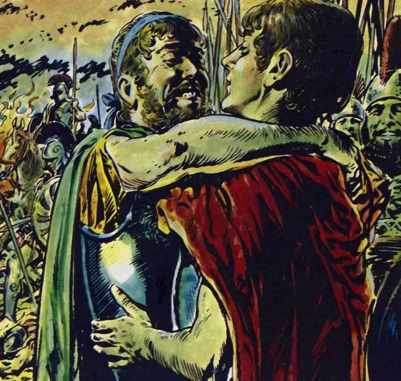 Alexander gik sammen med sin far i kamp mod grækerne (farvelitografi) af Jesus Blasco