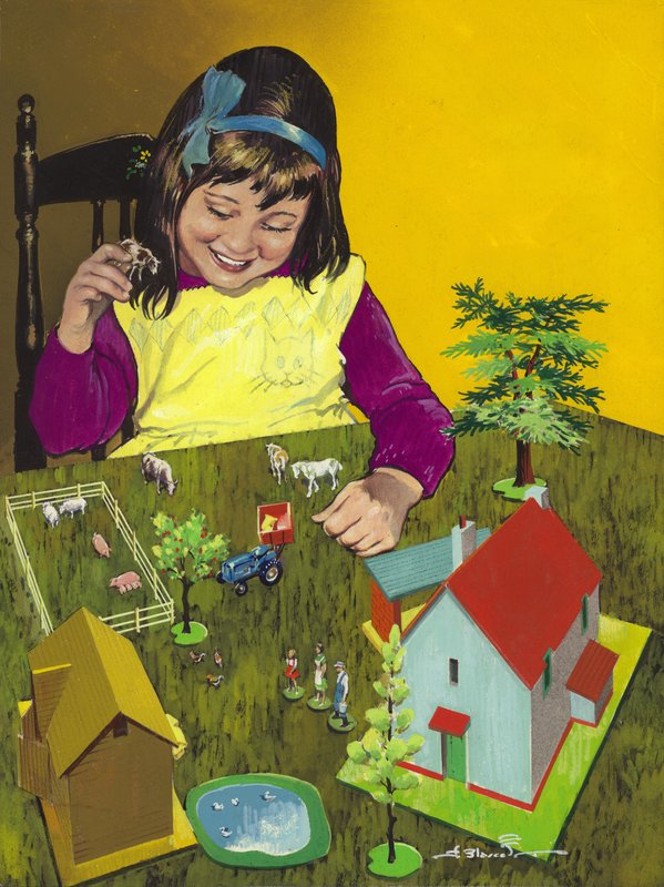 Pige med legetøjsbondegård (gouache på papir) af Jesus Blasco