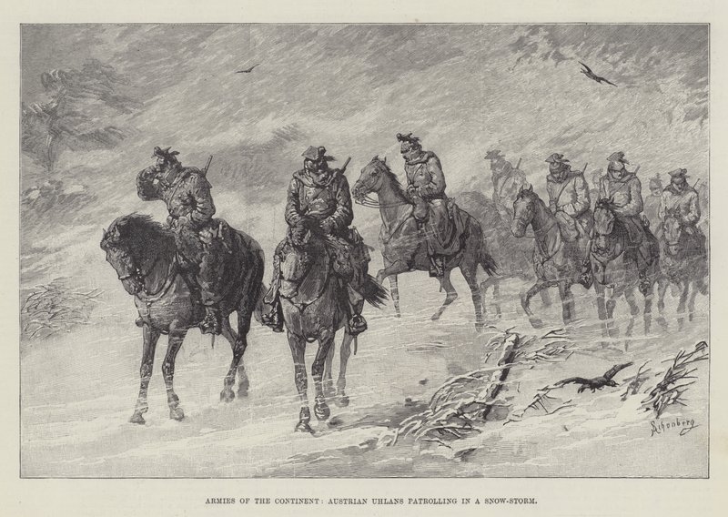 Kontinentets hære, østrigske uhlanere, der patruljerer i en snestorm af Johann Nepomuk Schonberg