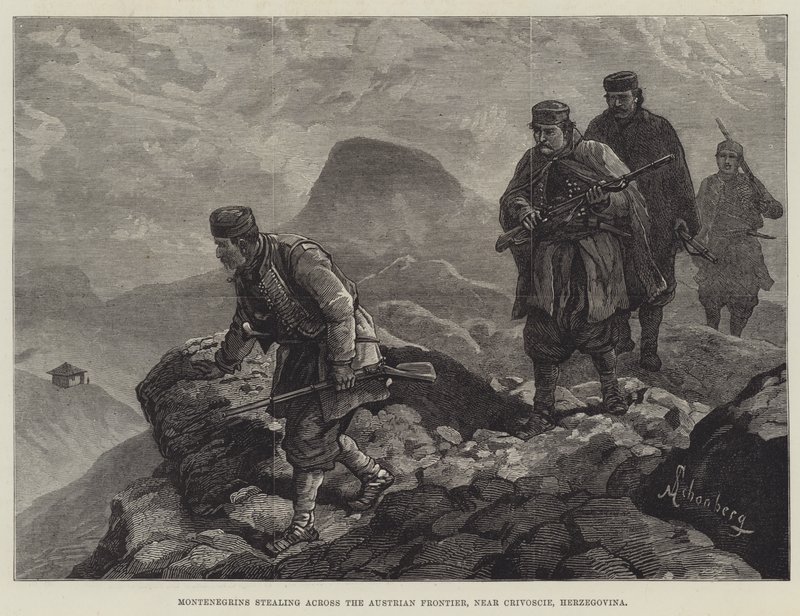 Montenegrinere stjæler over den østrigske grænse, nær Crivoscie, Hercegovina af Johann Nepomuk Schonberg