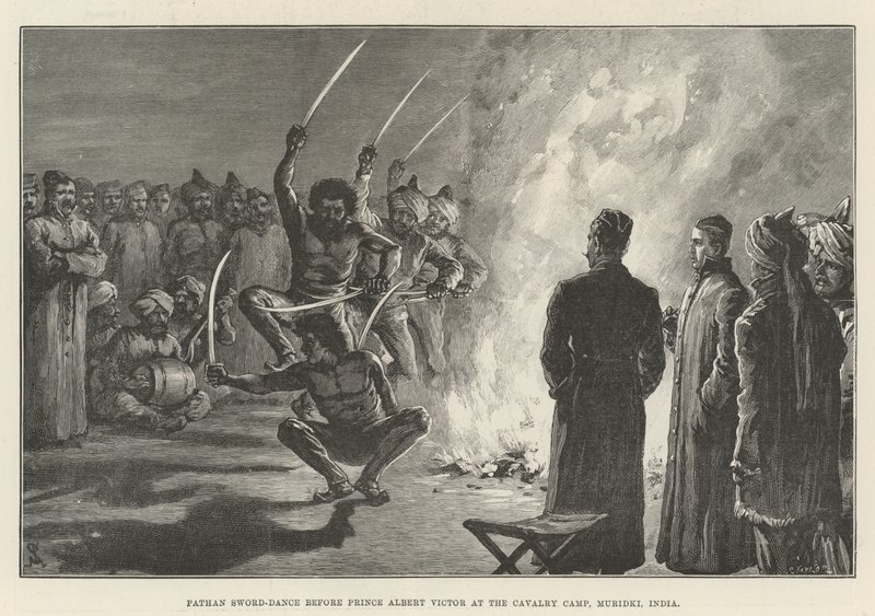 Pathan Sword-Dance før prins Albert Victor i kavalerilejren, Muridki, Indien af Johann Nepomuk Schonberg