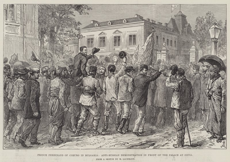 Prins Ferdinand af Coburg i Bulgarien, anti-russisk demonstration foran paladset i Sofia af Johann Nepomuk Schonberg