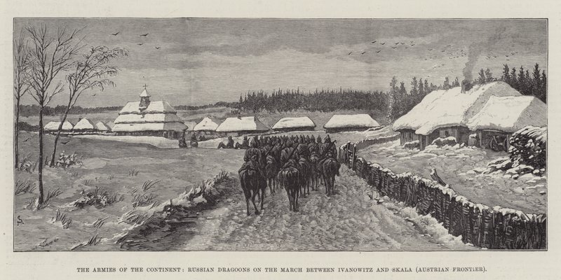 Kontinentets hære, russiske dragoner på marchen mellem Ivanowitz og Skala (østrigsk grænse) af Johann Nepomuk Schonberg