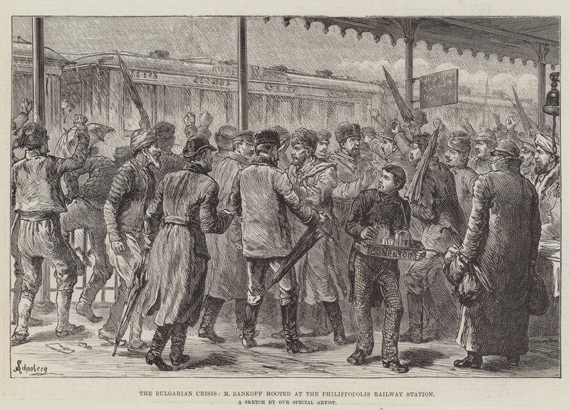 Den bulgarske krise, tudede M Zankoff på Philippopolis Railway Station af Johann Nepomuk Schonberg
