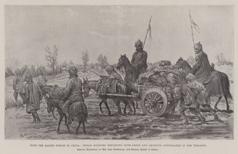 Med de allierede styrker i Kina vender indiske soldater tilbage med varer og arkiver konfiskeret i landsbyerne af Johann Nepomuk Schonberg