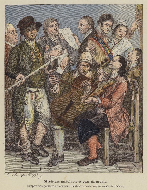 Omrejsende musikere og almindelige mennesker (farve litho) af Johann (after) Zoffany