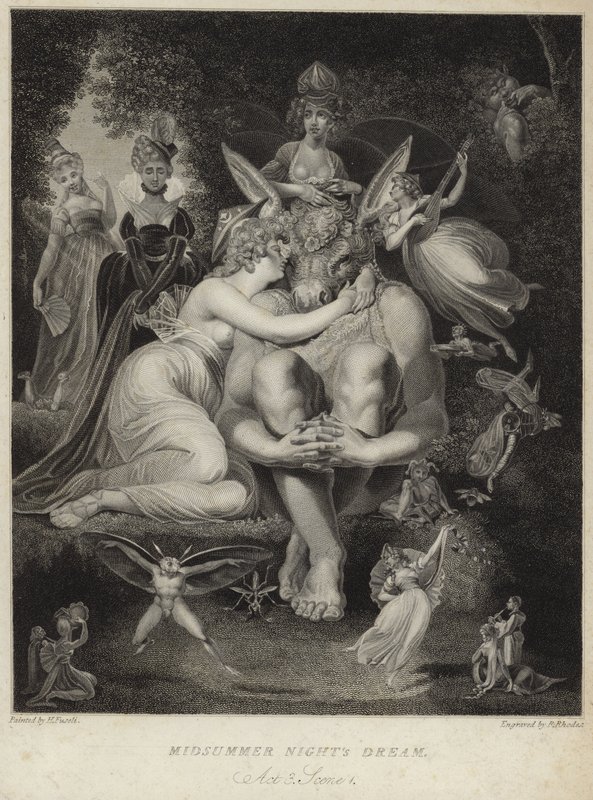Titania kysser Bottom i en skærsommernatsdrøm af Johann Heinrich Füssli
