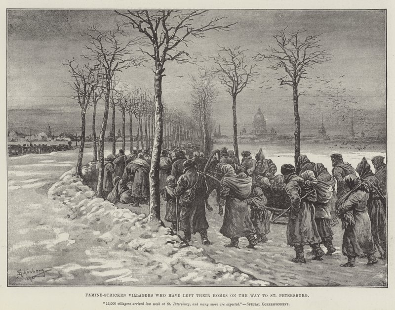 Hungersnød-ramte landsbyboere, der har forladt deres hjem på vej til St. Petersborg af Johann Nepomuk Schonberg