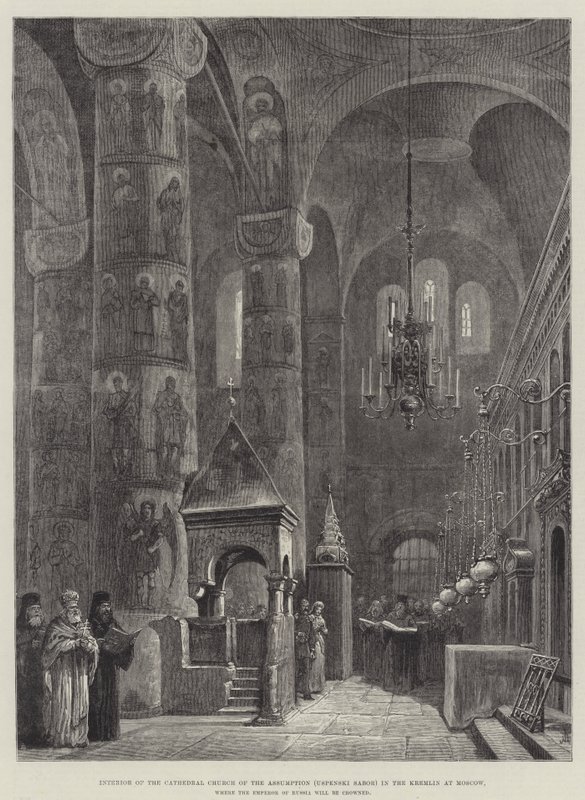 Interiør af katedralen Assumption Church (Uspenski Sabor) i Kreml i Moskva, hvor Ruslands kejser vil blive kronet af Johann Nepomuk Schonberg