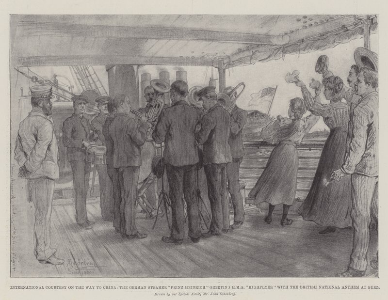 International høflighed på vej til Kina, den tyske damper Prinz Heinrich hilser HMS Highflyer med den britiske nationalsang i Suez af Johann Nepomuk Schonberg