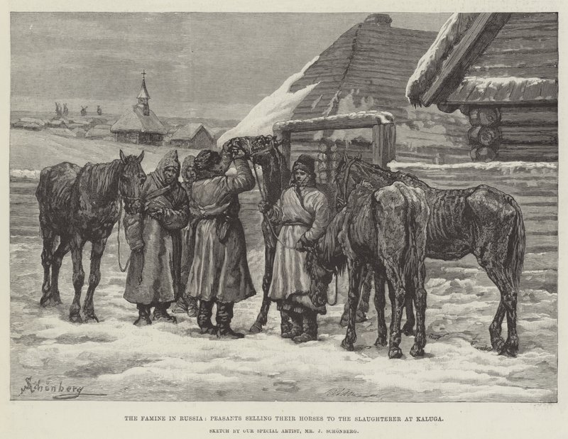 Hungersnøden i Rusland, bønder sælger deres heste til slagteren i Kaluga af Johann Nepomuk Schonberg