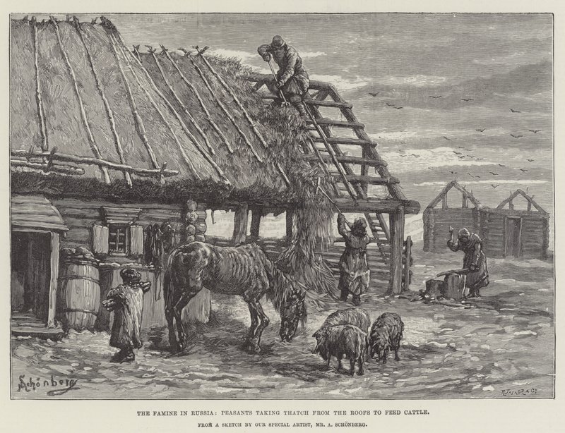 Hungersnøden i Rusland, bønder, der tager stråtækt fra tagene for at fodre kvæg af Johann Nepomuk Schonberg